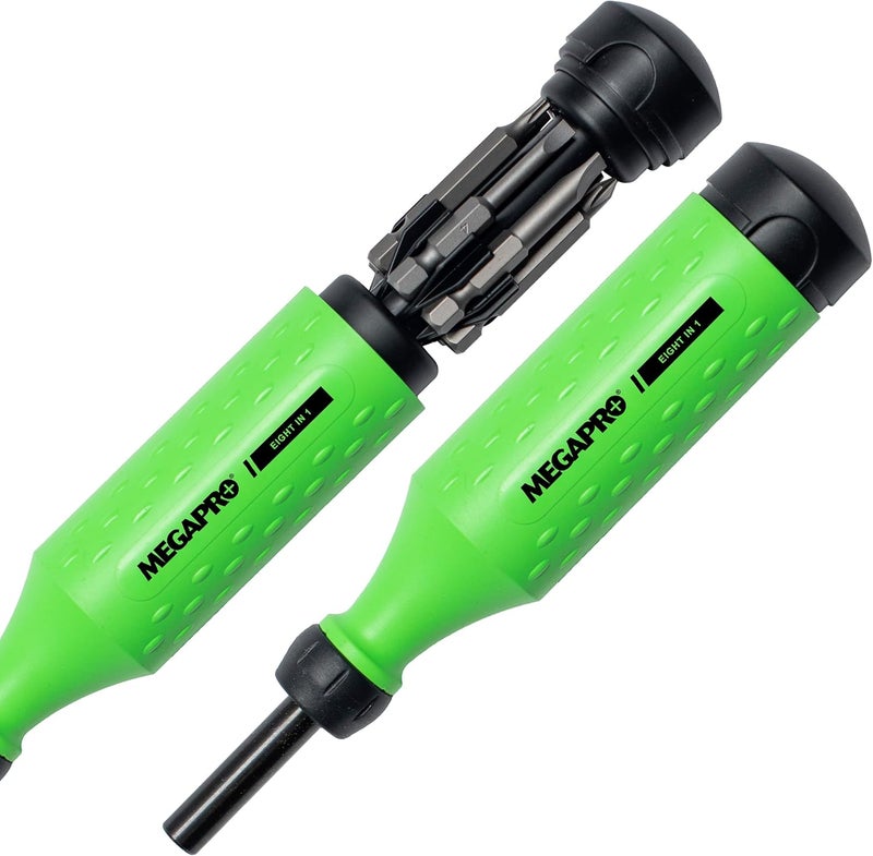 Megapro ® 8-in-1 Multi-Bit Screwdriver | Kitchen Drawer Tool | Furniture Assembly | Household Repairs | Multi-Bit Screwdriver with ¼” Hex Shaft | Phillips, Flat, Square, Torx (Neon Green/Black) - Image 1